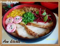 สูตรramen ( japanese noodles) - ราเมน หมูทอด หมูบด และ ข้าวโพดผัดเนย