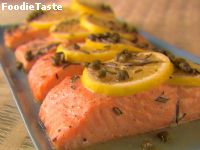 สูตรปลาแซลมอนอบเครื่องเทศ (Salmon with Lemon, Capers, and Rosemary)