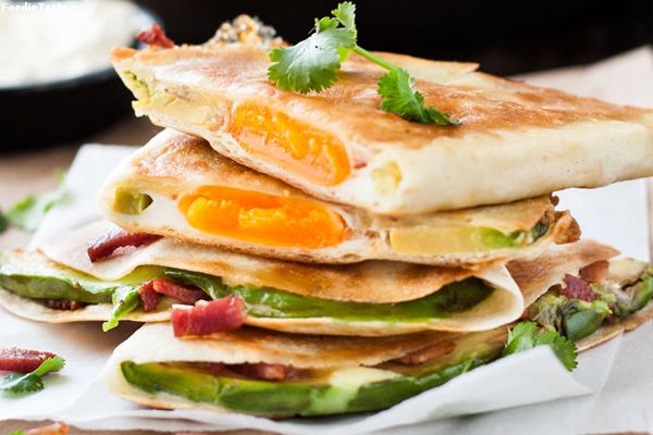 whole egg, bacon and avocado quesadilla