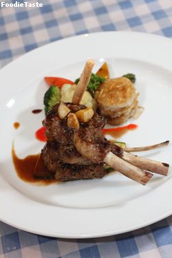 Pan roast lamb Rack herbs crust mustard honey sauce Gratin Potatoes market vegetables