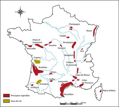 ตำแหน่งบริเวณที่มีการปลูกไวน์ในประเทศฝรั่งเศส